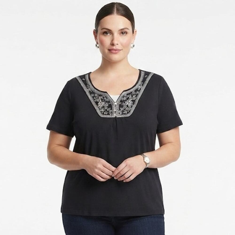 Rebecca Malone Embroidered Floral Geometric Summer Top Plus Size 3X